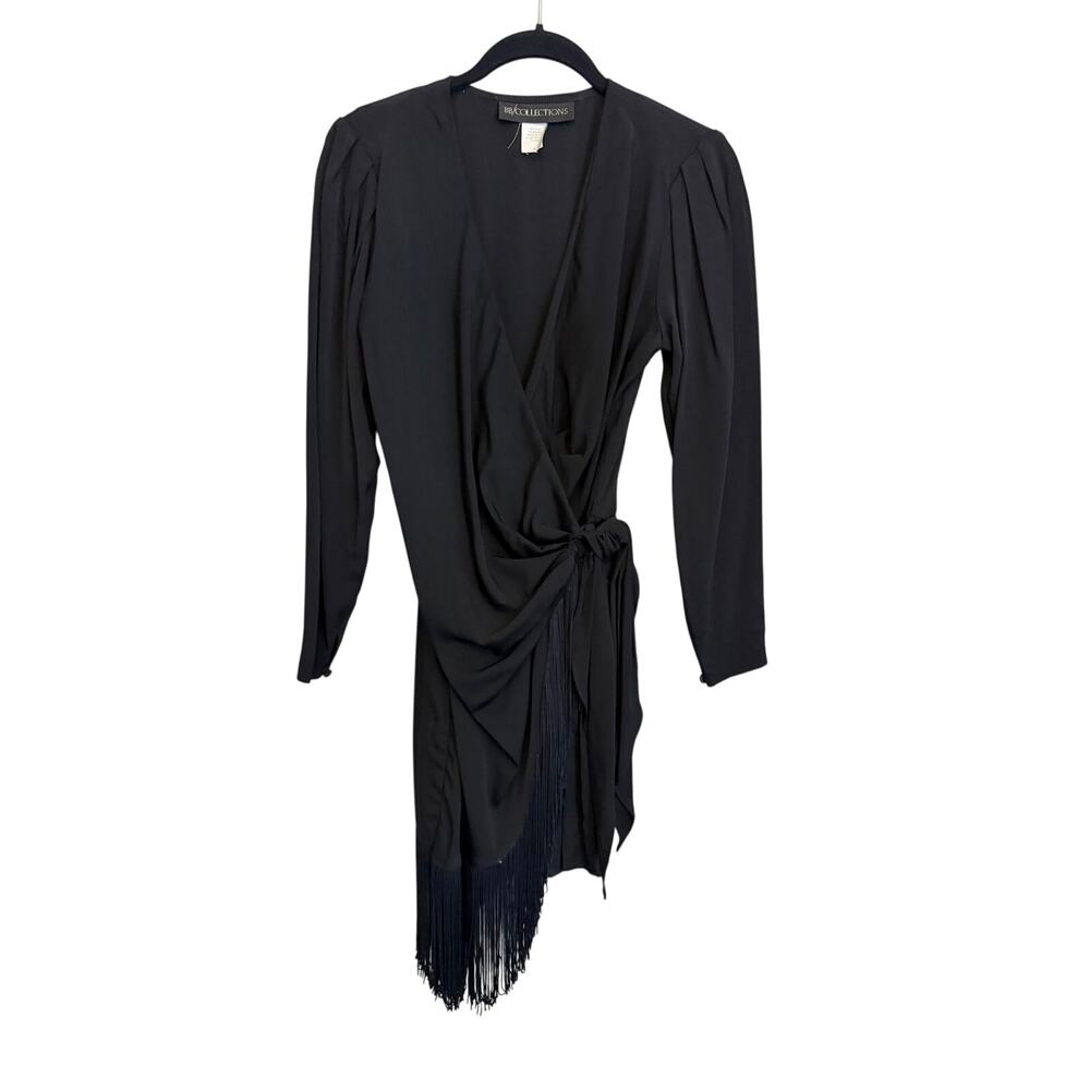Vintage BB Collections Wrap Dress Size 6 Black Fringe Party Coachella Gothic USA